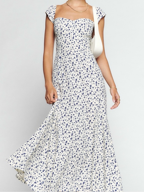 Reformation Dresses & Skirts - Reformation Bryson Midi Dress Sz 2 White Blue Floral Mykonos Sweetheart